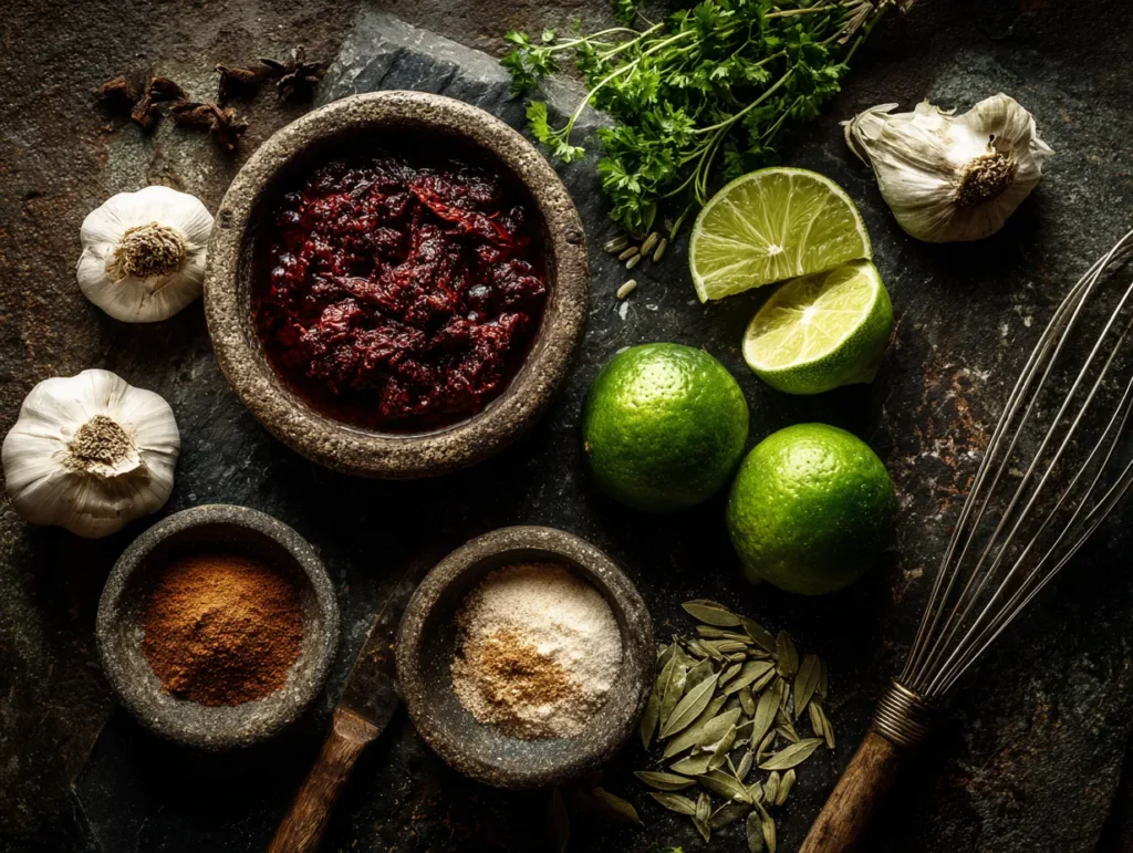 Overhead flat lay of essential ingredients like chipotle peppers in adobo, fresh limes, garlic cloves, and spices for preparing a homemade Chipotle chicken recipe.