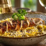 A rustic bowl of creamy chicken carbonara top