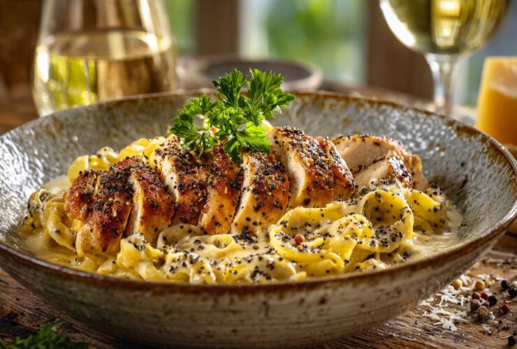 A rustic bowl of creamy chicken carbonara top