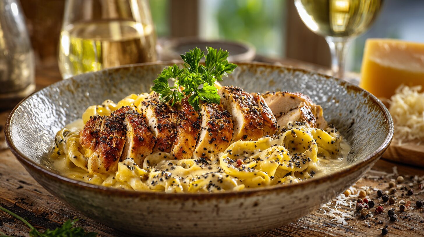 A rustic bowl of creamy chicken carbonara top