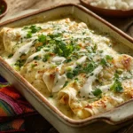 A baking dish filled with creamy white chicken enchiladas covered in melted golden cheese, fresh cilantro, green onions, and Mexican crema on a rustic wooden table.