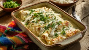 A baking dish filled with creamy white chicken enchiladas covered in melted golden cheese, fresh cilantro, green onions, and Mexican crema on a rustic wooden table.