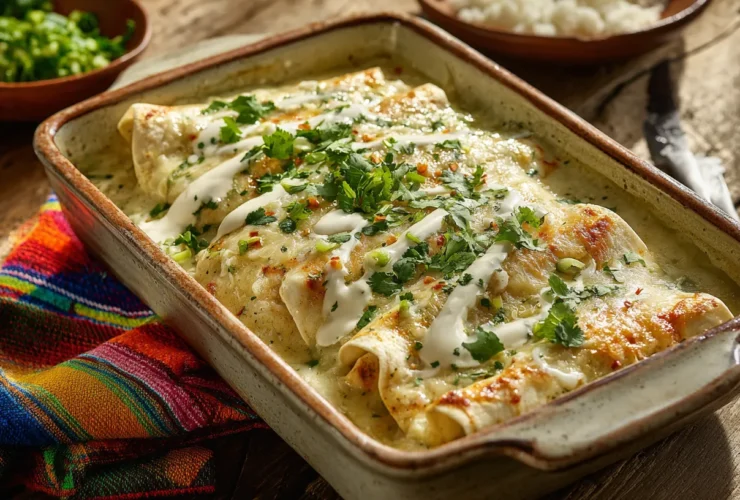 A baking dish filled with creamy white chicken enchiladas covered in melted golden cheese, fresh cilantro, green onions, and Mexican crema on a rustic wooden table.