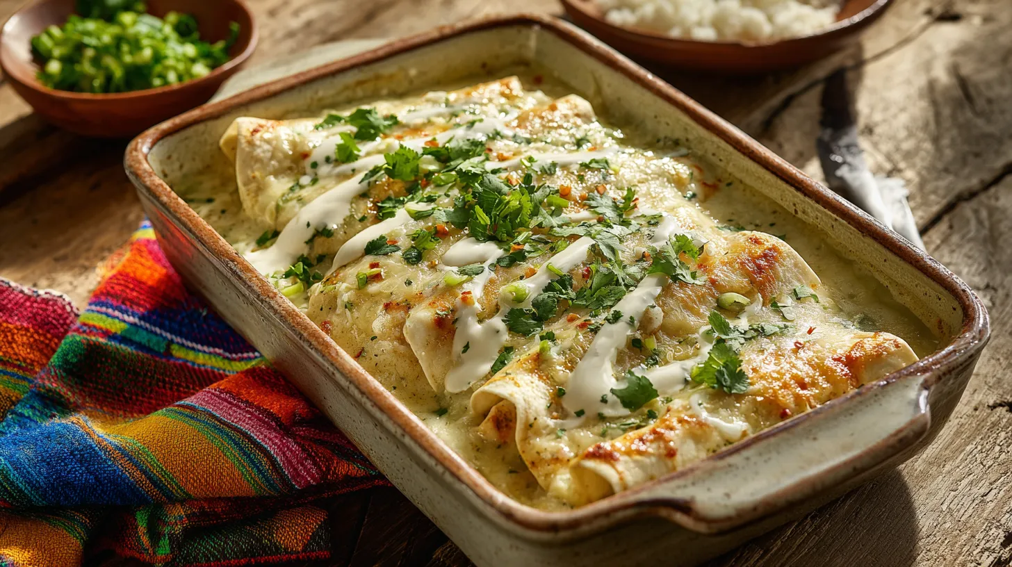 A baking dish filled with creamy white chicken enchiladas covered in melted golden cheese, fresh cilantro, green onions, and Mexican crema on a rustic wooden table.