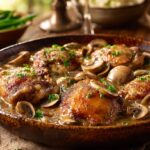 A comforting rustic casserole dish holding seared chicken thighs smothered in a thick onion and mushroom gravy, served on a weathered wooden table with mashed potatoes and green beans under warm window light.