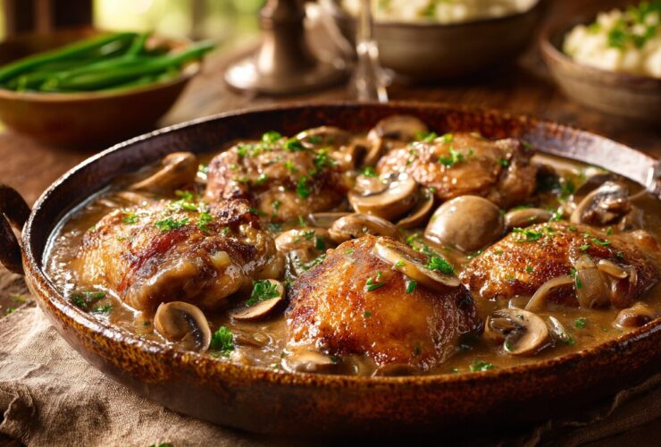 A comforting rustic casserole dish holding seared chicken thighs smothered in a thick onion and mushroom gravy, served on a weathered wooden table with mashed potatoes and green beans under warm window light.