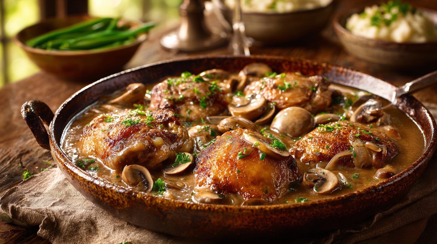A comforting rustic casserole dish holding seared chicken thighs smothered in a thick onion and mushroom gravy, served on a weathered wooden table with mashed potatoes and green beans under warm window light.