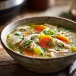 A rustic ceramic bowl filled with hearty chicken soup, packed with shredded chicken, carrots, and herbs, sits on a worn wooden table with a vintage spoon and crusty bread. A modern Instant Pot is visible but slightly blurred on a kitchen counter in the background, under warm natural light.