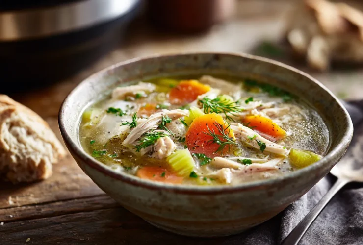 A rustic ceramic bowl filled with hearty chicken soup, packed with shredded chicken, carrots, and herbs, sits on a worn wooden table with a vintage spoon and crusty bread. A modern Instant Pot is visible but slightly blurred on a kitchen counter in the background, under warm natural light.