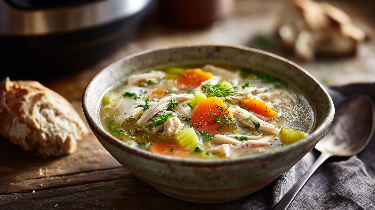 A rustic ceramic bowl filled with hearty chicken soup, packed with shredded chicken, carrots, and herbs, sits on a worn wooden table with a vintage spoon and crusty bread. A modern Instant Pot is visible but slightly blurred on a kitchen counter in the background, under warm natural light.