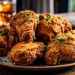 A rustic platter overflowing with a golden-brown, intensely crispy pile of Southern fried chicken, served on a weathered wooden table with biscuits and coleslaw in a warm, sunny kitchen.