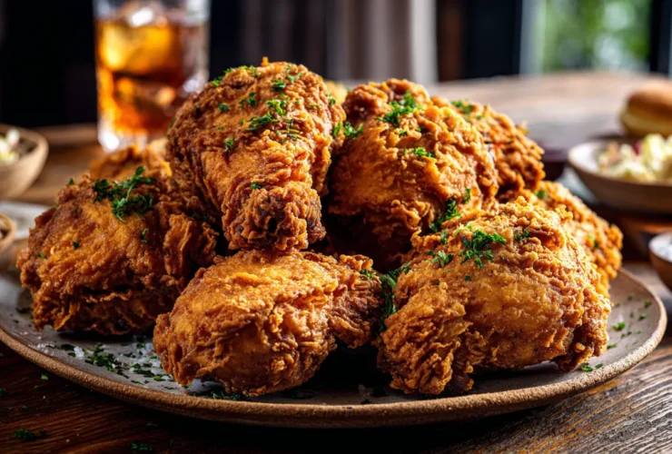 A rustic platter overflowing with a golden-brown, intensely crispy pile of Southern fried chicken, served on a weathered wooden table with biscuits and coleslaw in a warm, sunny kitchen.