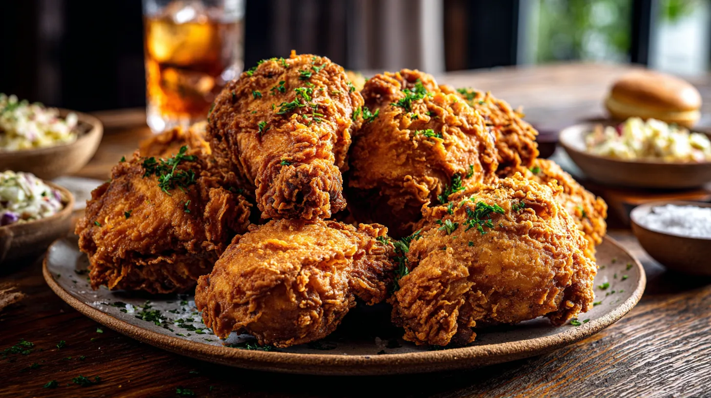 A rustic platter overflowing with a golden-brown, intensely crispy pile of Southern fried chicken, served on a weathered wooden table with biscuits and coleslaw in a warm, sunny kitchen.