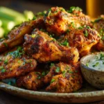 A rustic platter stacked with golden-brown, crispy oven-baked chicken wings, garnished with parsley, served next to ranch dip and celery sticks on a wooden table.