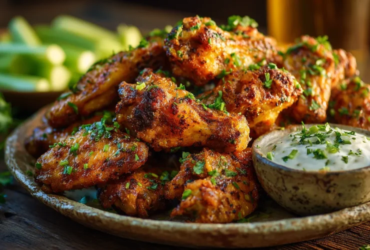 A rustic platter stacked with golden-brown, crispy oven-baked chicken wings, garnished with parsley, served next to ranch dip and celery sticks on a wooden table.