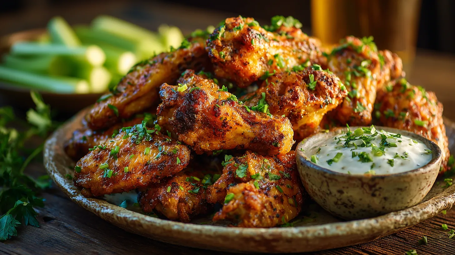 A rustic platter stacked with golden-brown, crispy oven-baked chicken wings, garnished with parsley, served next to ranch dip and celery sticks on a wooden table.