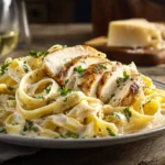A rustic white plate filled with creamy chicken alfredo pasta and golden seared chicken slices on a wooden table, garnished with parsley and parmesan, with warm natural light and blurred background elements.