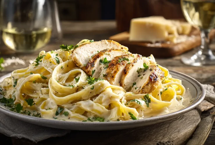 A rustic white plate filled with creamy chicken alfredo pasta and golden seared chicken slices on a wooden table, garnished with parsley and parmesan, with warm natural light and blurred background elements.