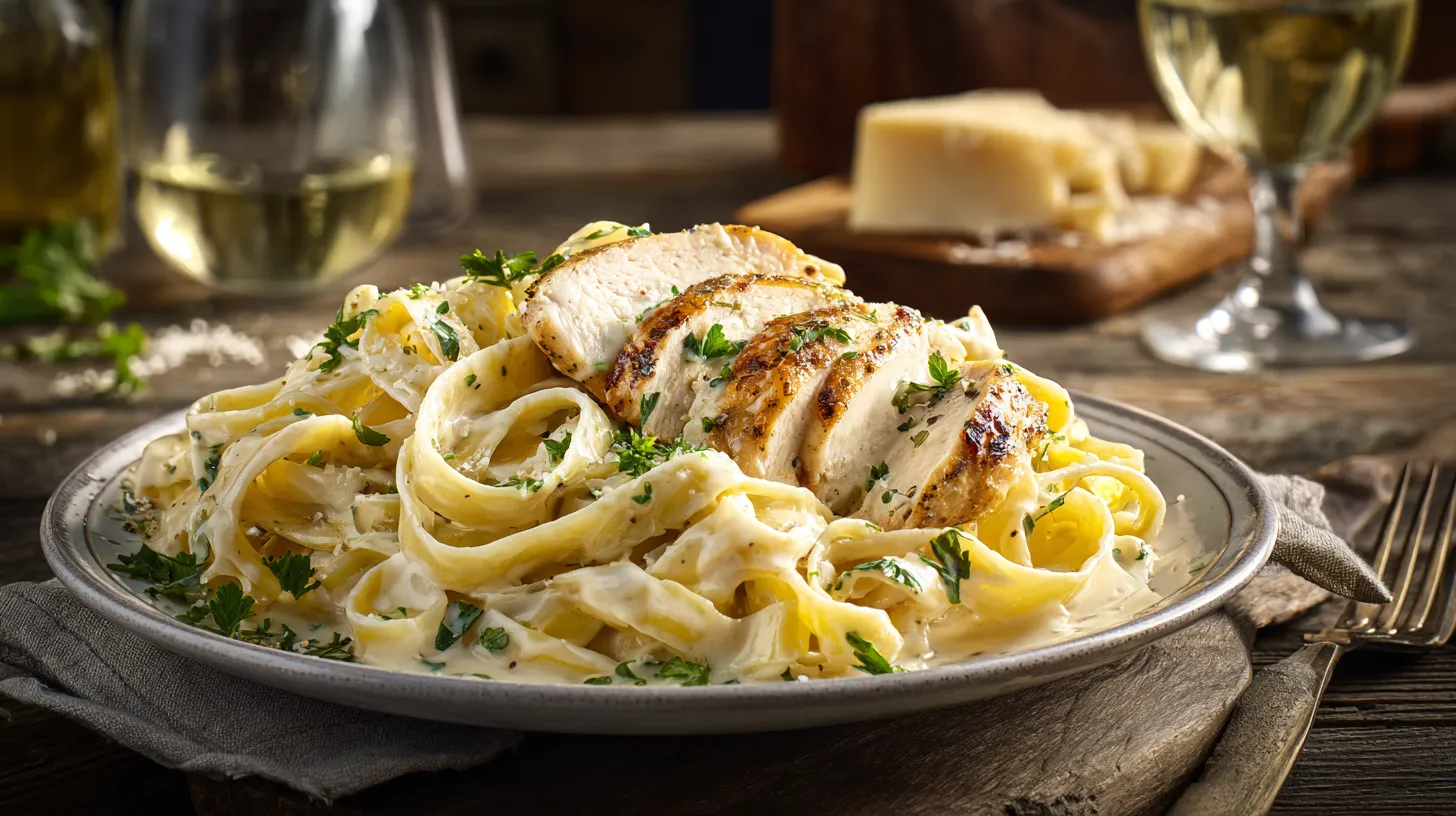 A rustic white plate filled with creamy chicken alfredo pasta and golden seared chicken slices on a wooden table, garnished with parsley and parmesan, with warm natural light and blurred background elements.