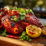 A whole, char-grilled spatchcock Peri Peri chicken coated in a vibrant red spicy glaze, resting on a rustic wooden board with charred lemons and cilantro under warm light.