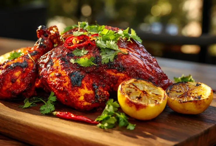 A whole, char-grilled spatchcock Peri Peri chicken coated in a vibrant red spicy glaze, resting on a rustic wooden board with charred lemons and cilantro under warm light.