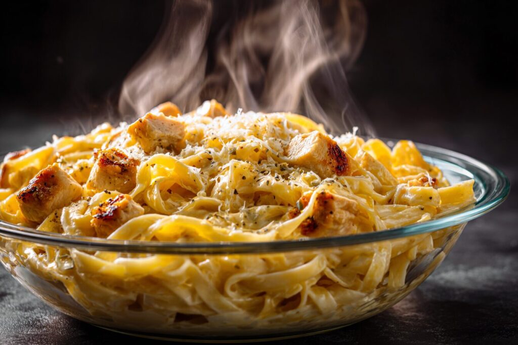 A glossy, creamy parmesan and egg sauce coating hot pasta and chicken in a mixing bowl.