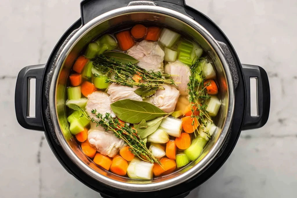 A top-down photograph looking into the Instant Pot inner liner filled with raw chicken breasts, chopped carrots, celery, onions, fresh herbs, and chicken broth, filled to the max line just before the pressure cooking cycle begins.