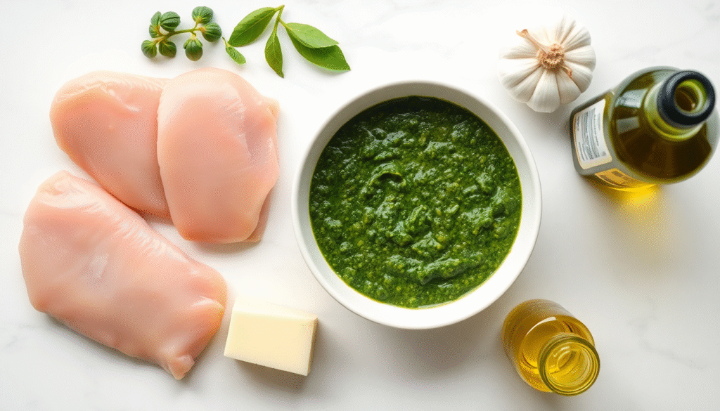 Ingredients for pesto chicken recipe: raw chicken, basil pesto, and garlic