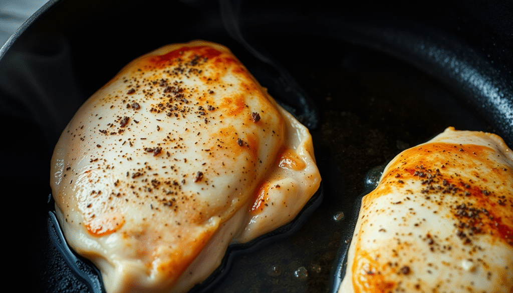 Chicken breasts getting a golden-brown sear in a hot skillet before adding pesto.