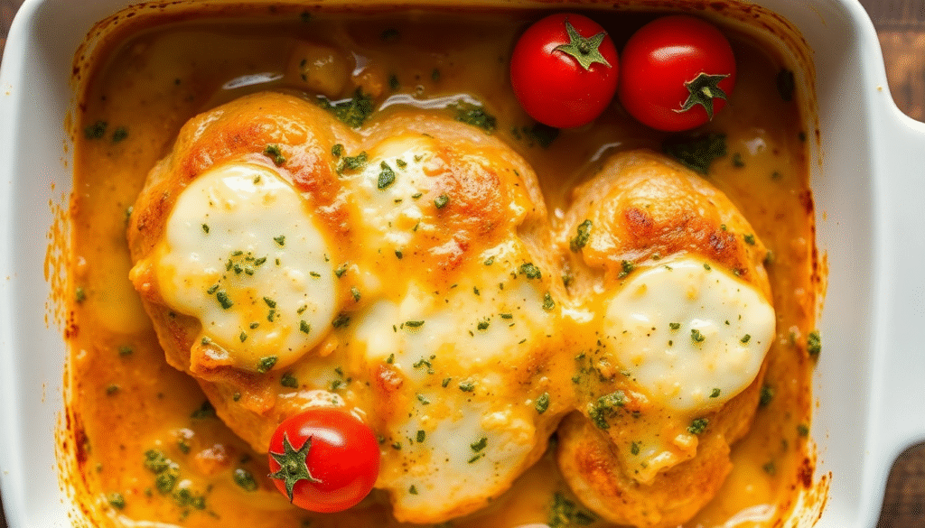 A baked pesto chicken casserole with melted mozzarella and cherry tomatoes.