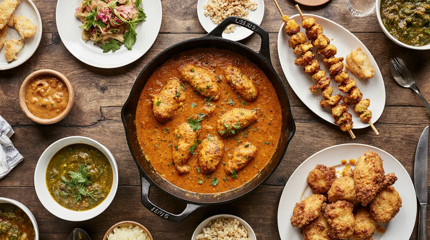 An overhead view of a table laden with various international chicken recipes, including Tikka Masala, Souvlaki, and Thai Green Curry, showcasing global culinary diversity.