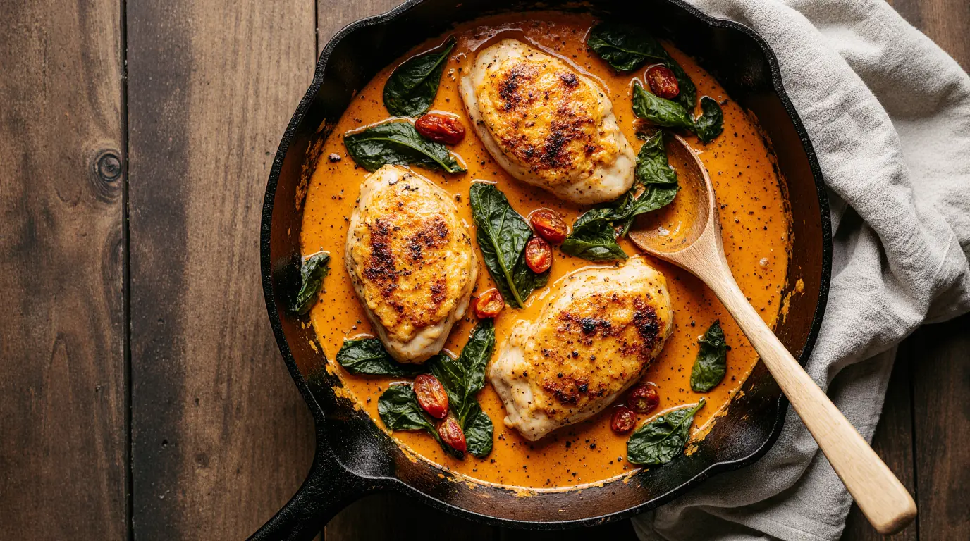 A close-up overhead view of a skillet filled with Creamy Tuscan low carb chicken recipes, showing the vibrant colors of the spinach and sun-dried tomatoes in the cream sauce.