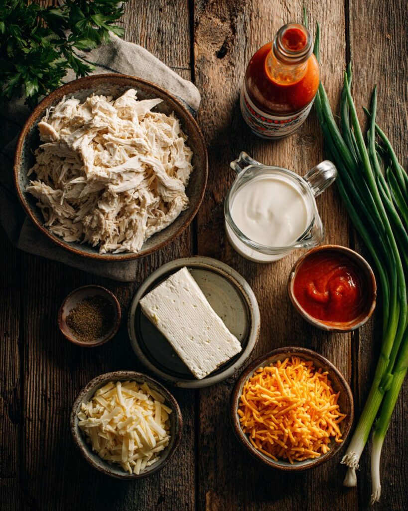 Ingredients for buffalo chicken dip slow cooker including shredded chicken, cream cheese, hot sauce, and grated cheese.