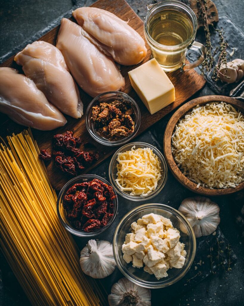 Raw ingredients organized for a cheesy chicken crock pot meal including spaghetti, chicken, and cream cheese.
