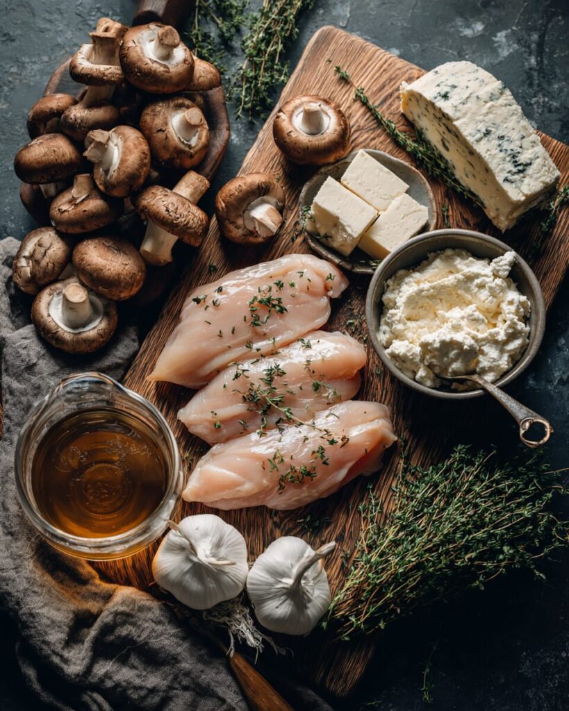 Raw ingredients including chicken, mushrooms, and cream cheese for a slow cooker chicken and cream of mushroom recipe.