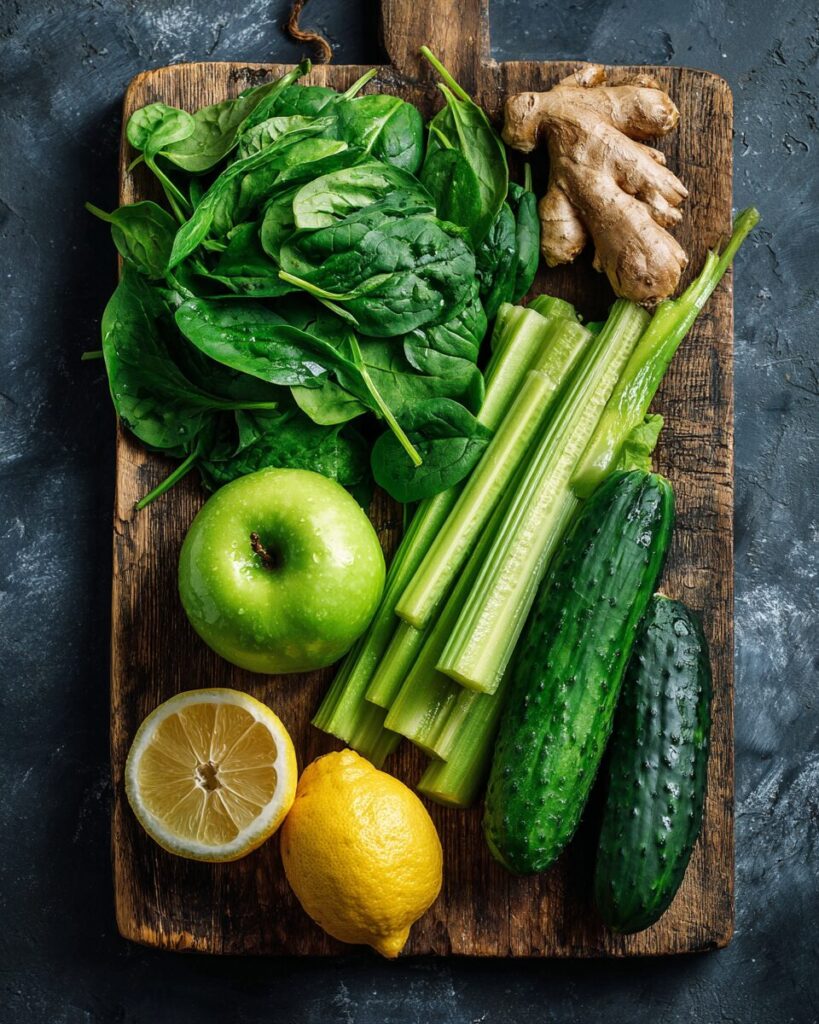 Flat lay of fresh foods to juice for detox including spinach, celery, green apple, cucumber, lemon, and ginger.