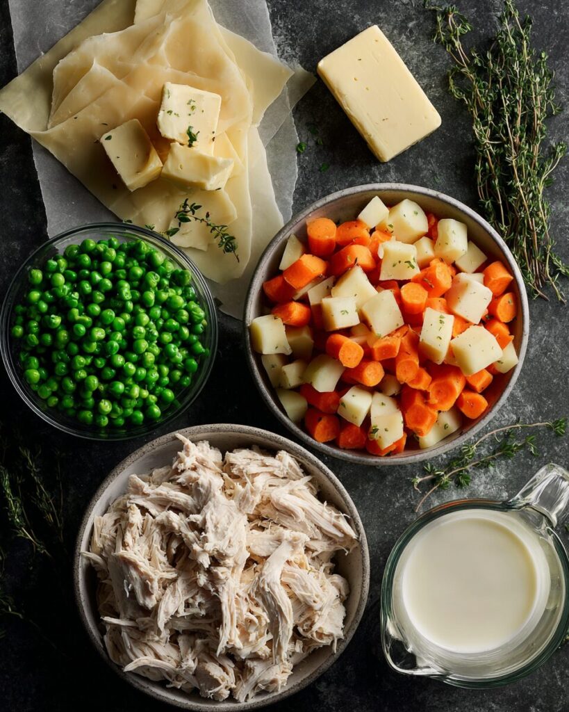 Raw ingredients organized for a copycat kfc chicken pot pie recipe including shredded chicken, vegetables, and puff pastry.