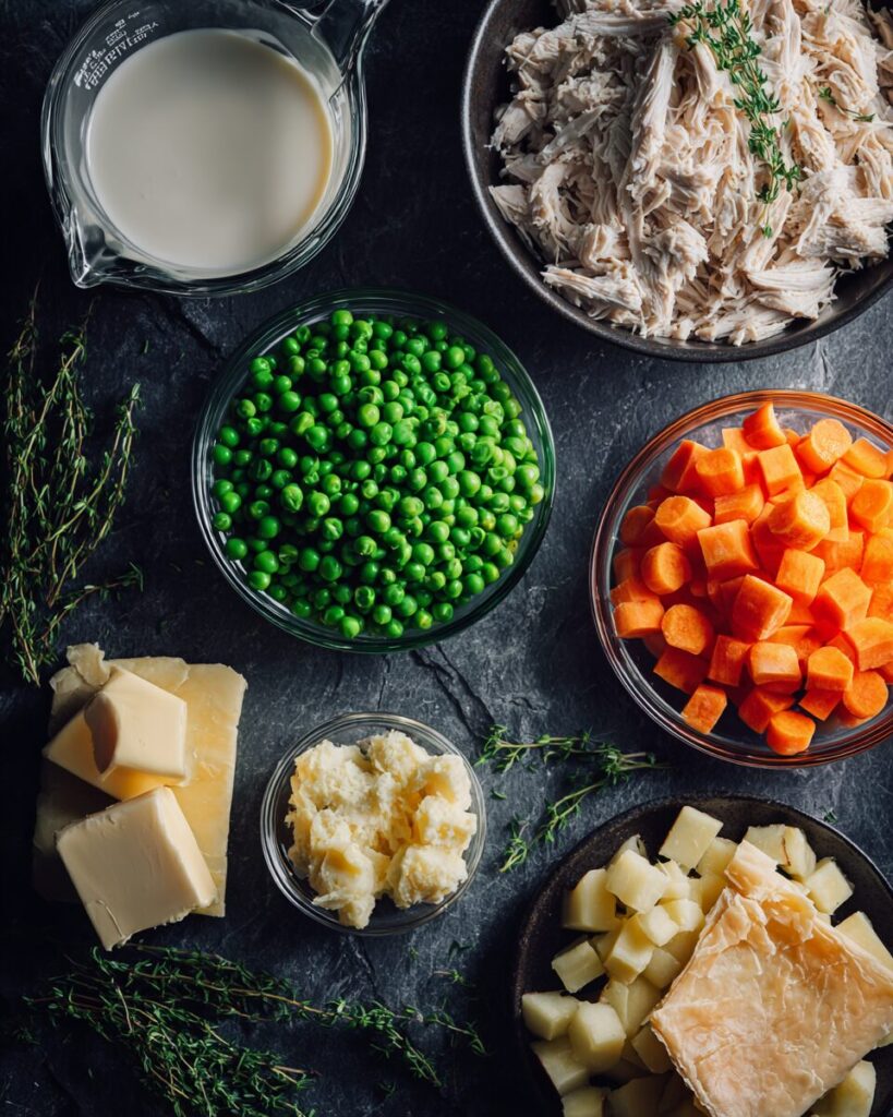 Raw ingredients organized for a copycat chicken pot pie kentucky fried recipe including shredded chicken, vegetables, and puff pastry.