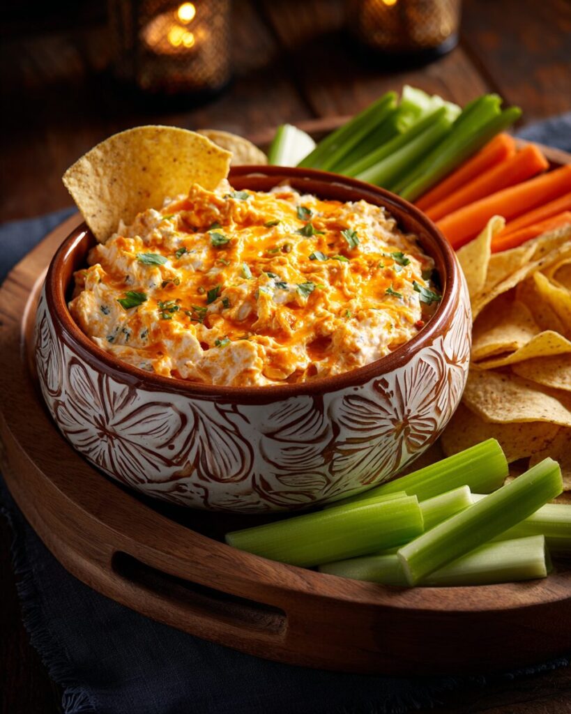 Plated frank's buffalo chicken dip slow cooker recipe ready for a party with tortilla chips and fresh vegetables.
