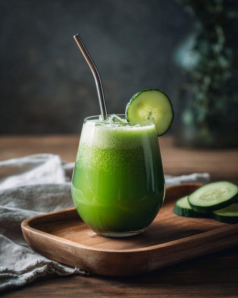 A styled glass of flat stomach detox juice recipes for weight loss with a cucumber garnish and metal straw.