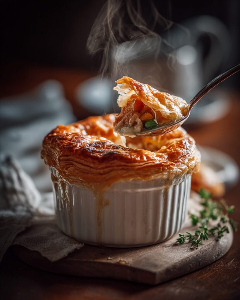 A spoon breaking into the crispy crust of a homemade chicken pot pie kentucky fried style revealing steaming creamy filling.