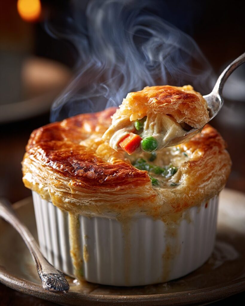 A spoon breaking into the crispy crust of a homemade kfc chicken pot pie revealing steaming creamy filling.