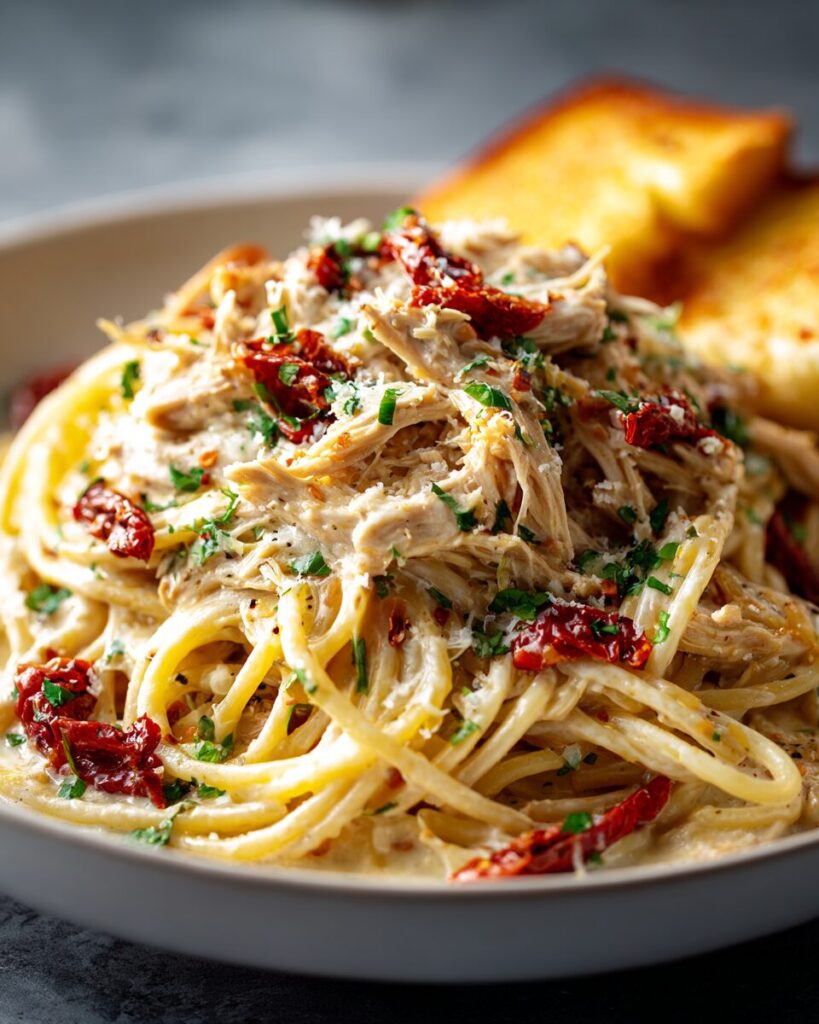 Plated serving of creamy crockpot chicken spaghetti in a white bowl with garlic bread.
