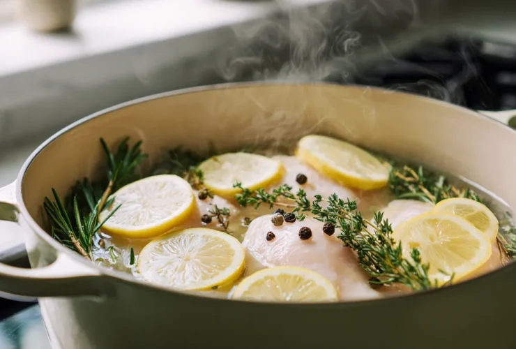 A beautiful Dutch oven filled with simmering water, fresh herbs, lemon slices, and plump chicken breasts, illustrating the perfect method for how long to boil chicken breast.