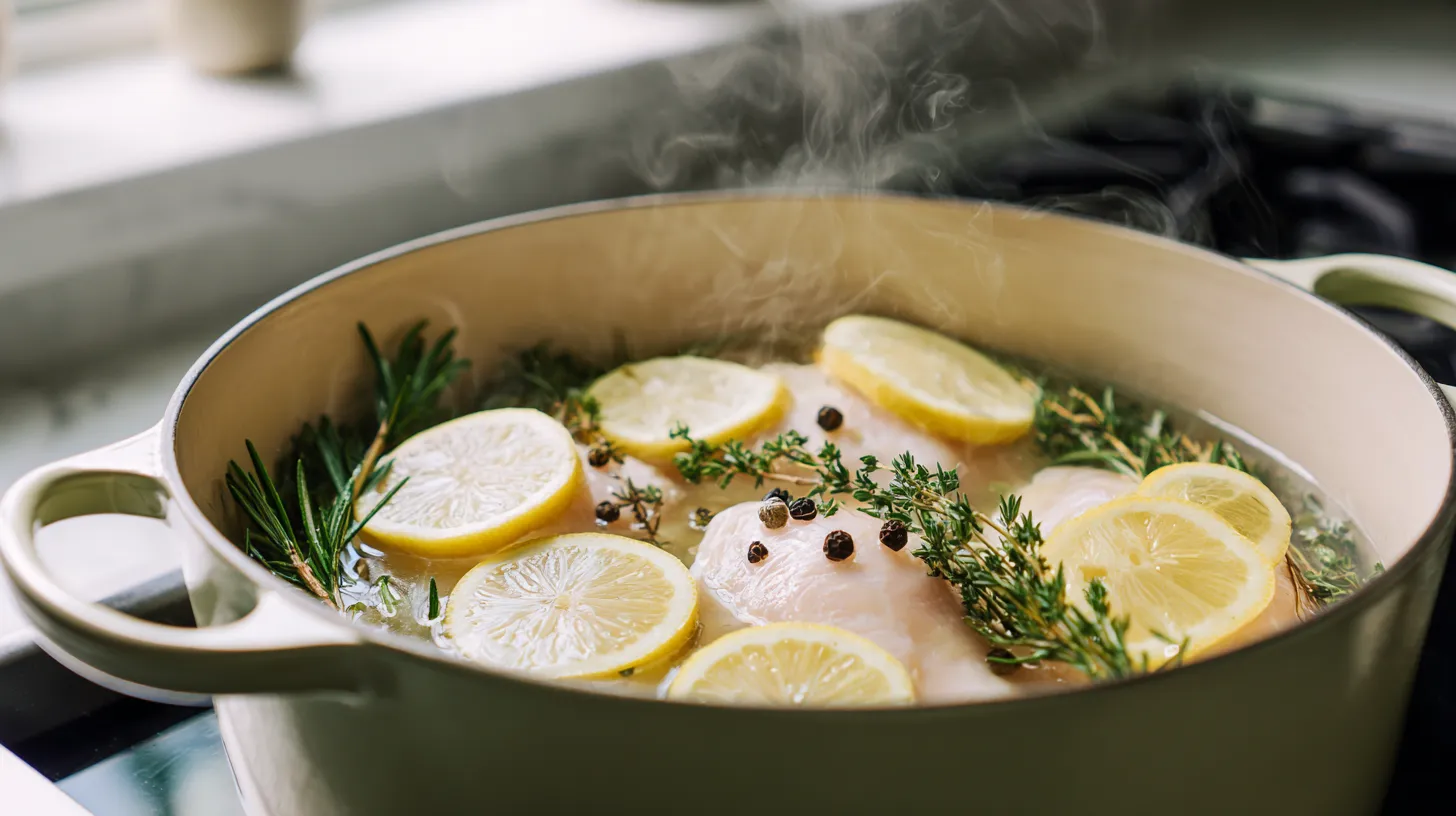 A beautiful Dutch oven filled with simmering water, fresh herbs, lemon slices, and plump chicken breasts, illustrating the perfect method for how long to boil chicken breast.