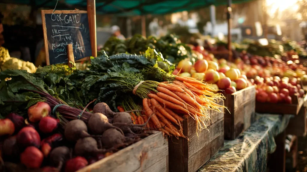 Juicer recipes — organic beets, carrots, kale and apples at a farmers market produce stall in morning light