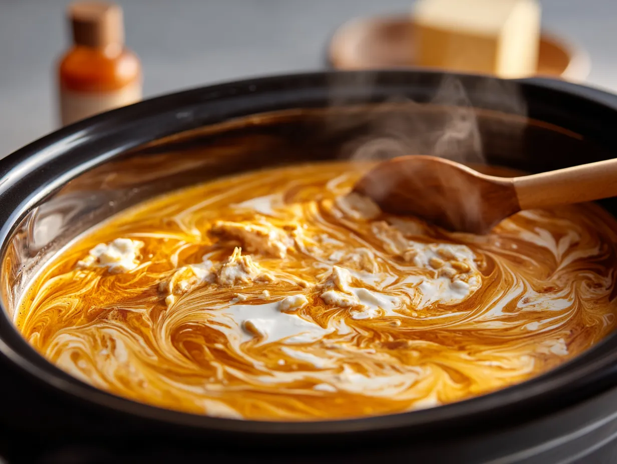 Mixing shredded chicken and hot sauce in a slow cooker.