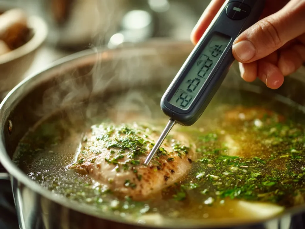 Using an instant-read meat thermometer to check a simmering pot of chicken, demonstrating exactly how long to boil chicken breast safely.