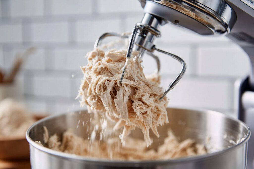 A silver stand mixer using a paddle attachment to shred cooked chicken breasts in a metal bowl.