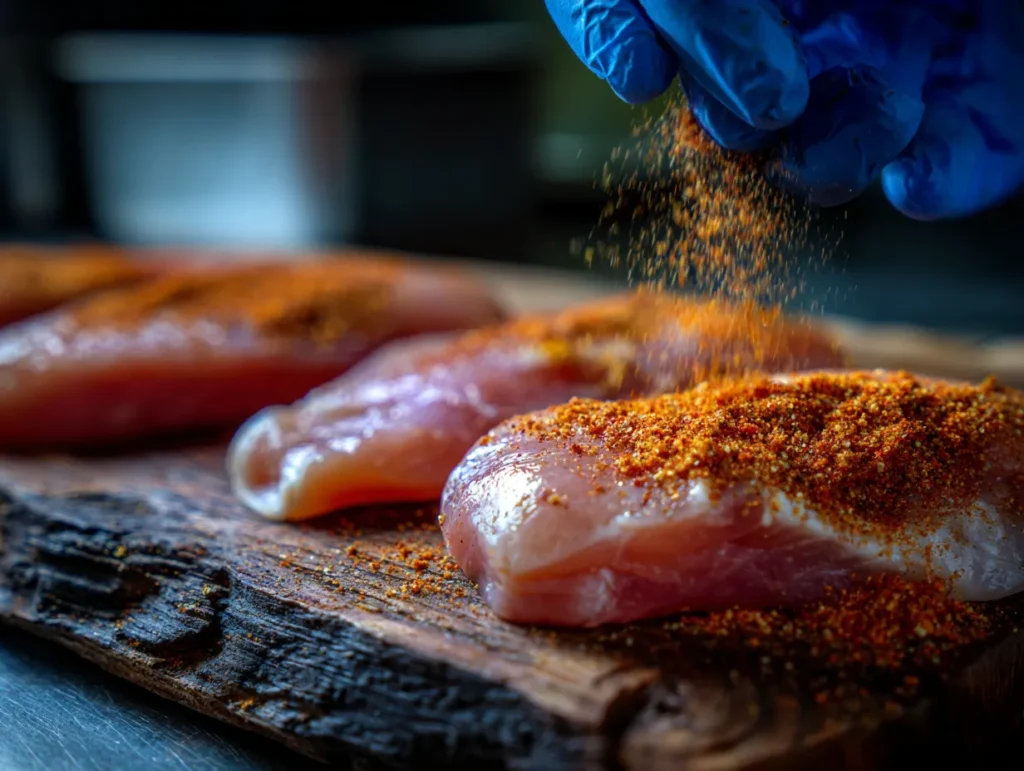 A close-up of a raw chicken breast being coated in a rustic dry rub on a dark cutting board, preparing for smoking.